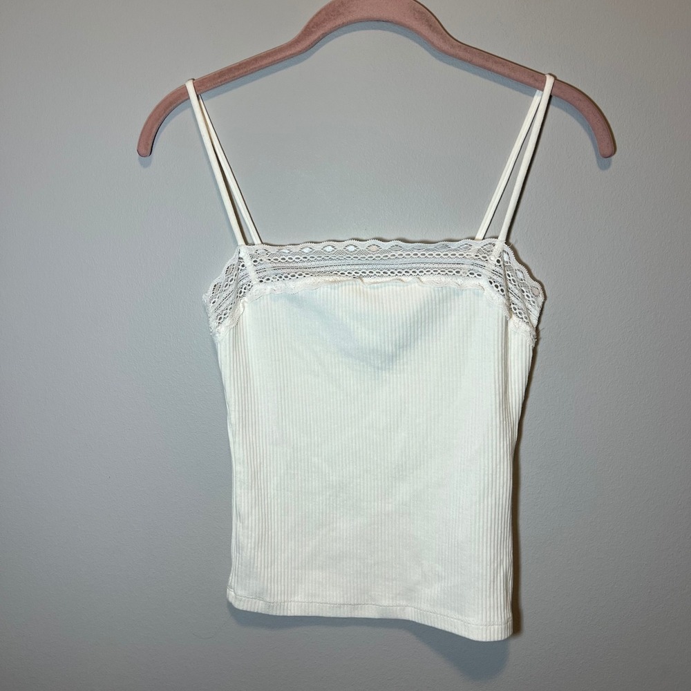 Madewell Ribbed Lace Trim Cami Top Cream Off-White Small
